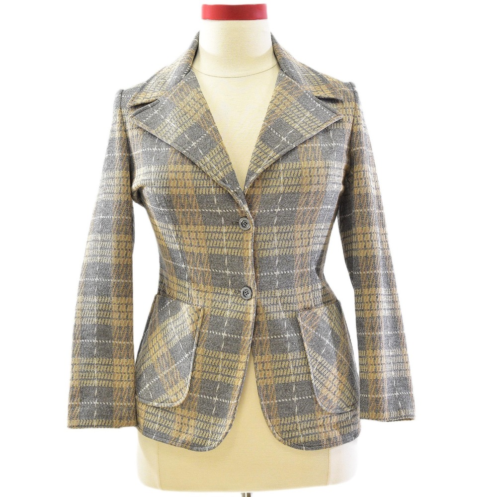 70s Vintage Plaid Knit Blazer Womens M 8 Jack Winter Taupe Equestrian Jacket
